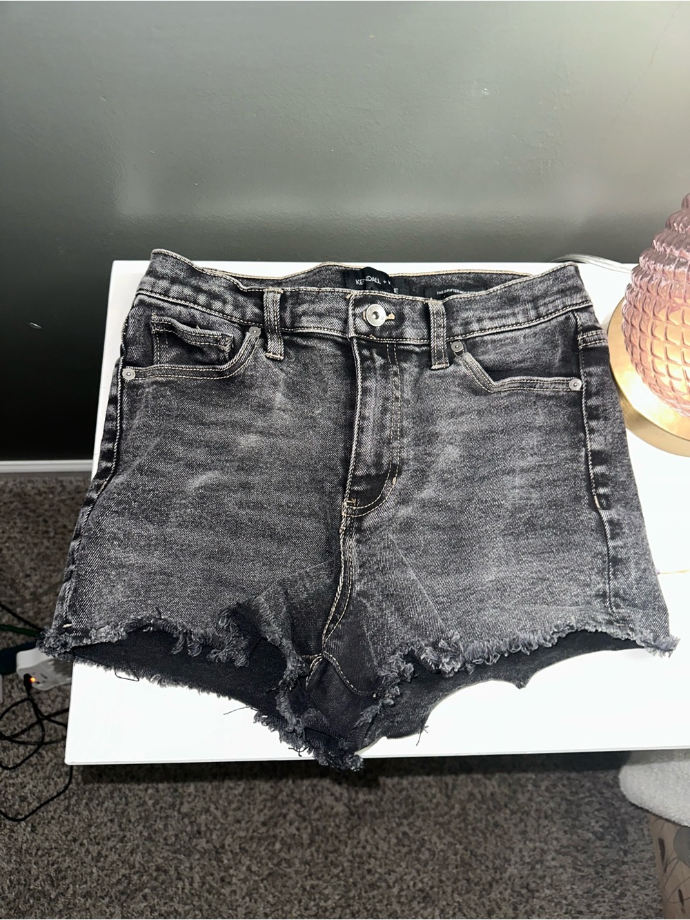 Kendall + Kylie "The Drifter" High Rise Cut-Off Denim Shorts - Gray Acid Wash